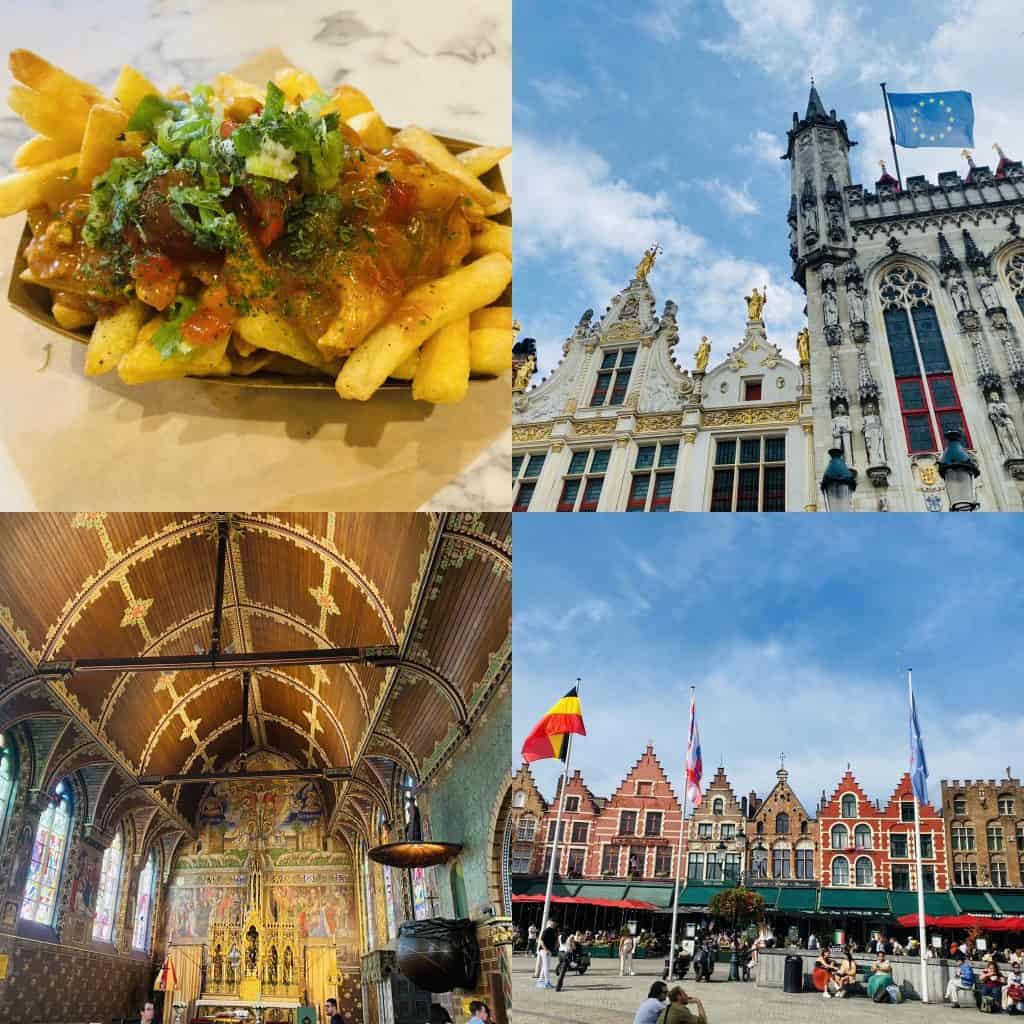 brugges belgium colliage with touristic activities and belgian good